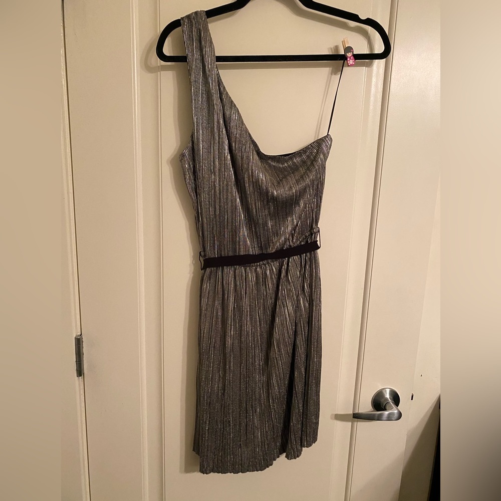 Express silver shiny one shoulder mini dress. Size L.